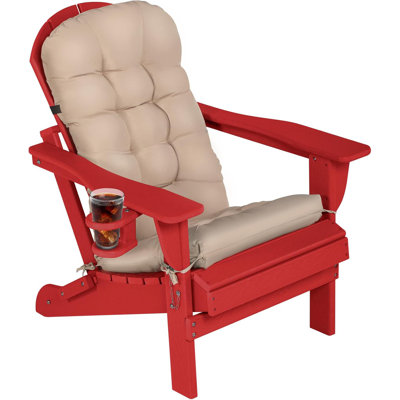 Folding Adirondack Chair With Cushion & Cup Holder, Hdpe Outdoor Fire Pit Chairs With Wood-like Grain by Highland Dunes