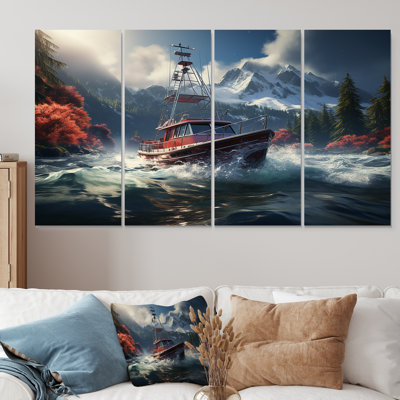 Red And White Fishing Boat In River III - Boat Fishing 4 Piece Wall Art