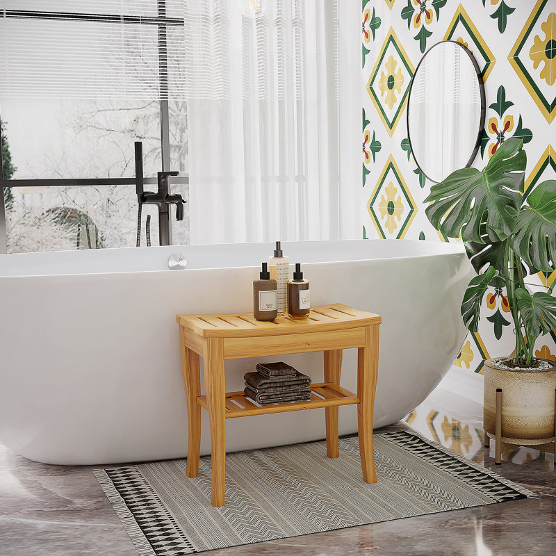 Long Bamboo Shower Bench Seat, 20" Wooden Spa Shower Stool With Underneath Storage Shelf Shoe