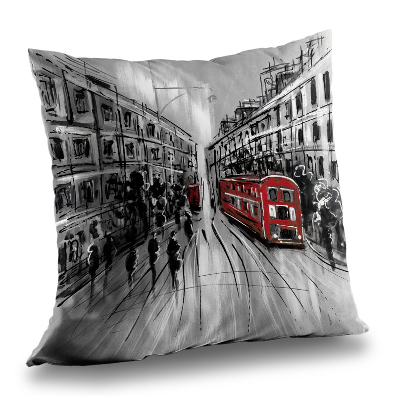 Black and White Street with Red Bus - Building Black – Throw Pillow Cover Only, Double-Sided Print, Insert Not Included