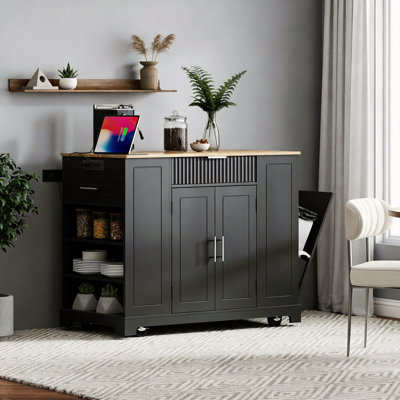 Black, Recessed Kitchen Island With 5 Wheels For Easy Movement. Includes Trash Can, Storage Cabinet, Power Outlet, 3 Drawers, 3 Side Shelves, Holds Up To A 10-Gallon Bin, Multi-Functional Storage Work Surface.