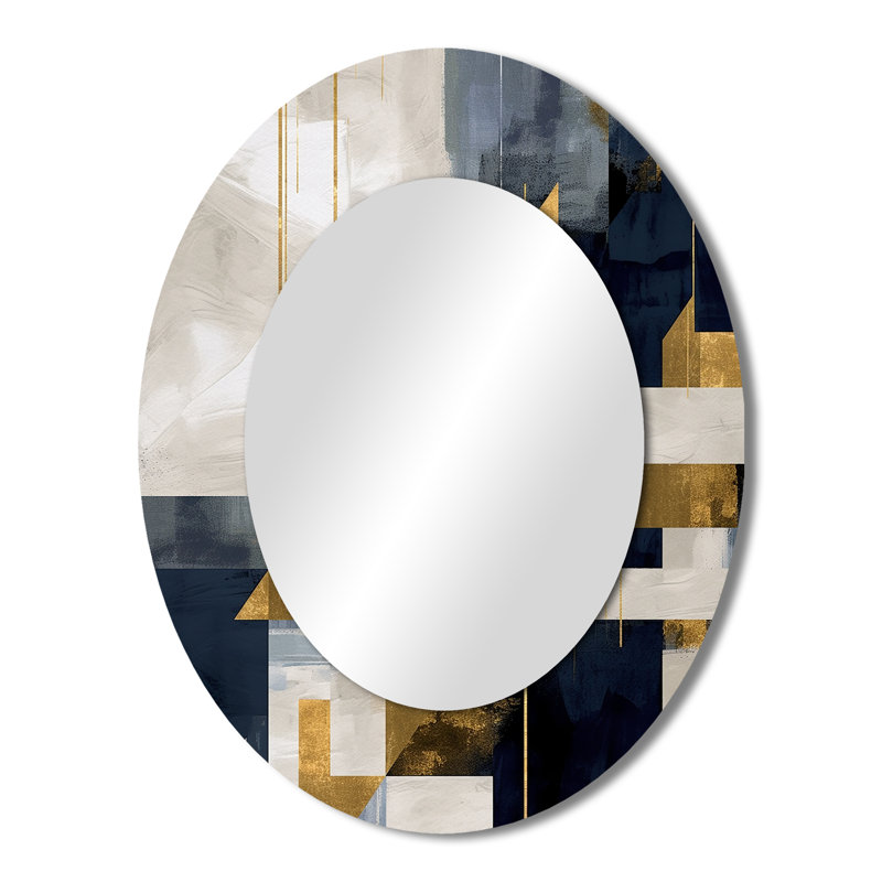 Formes dorées bleues harmonieuses - Miroir décoratif abstrait ovale sur métal, 43 po x 33 po