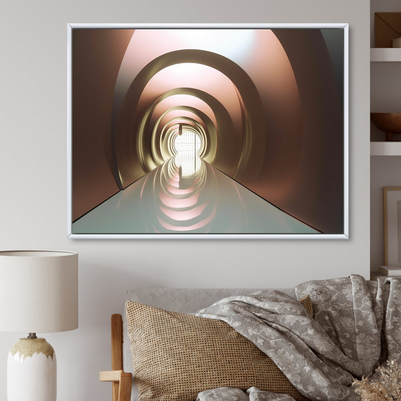 Futur minimaliste, architecture rétro, or rose sur toile, H 12 po x l 20 po x P 1 po, Cadre flottant blanc