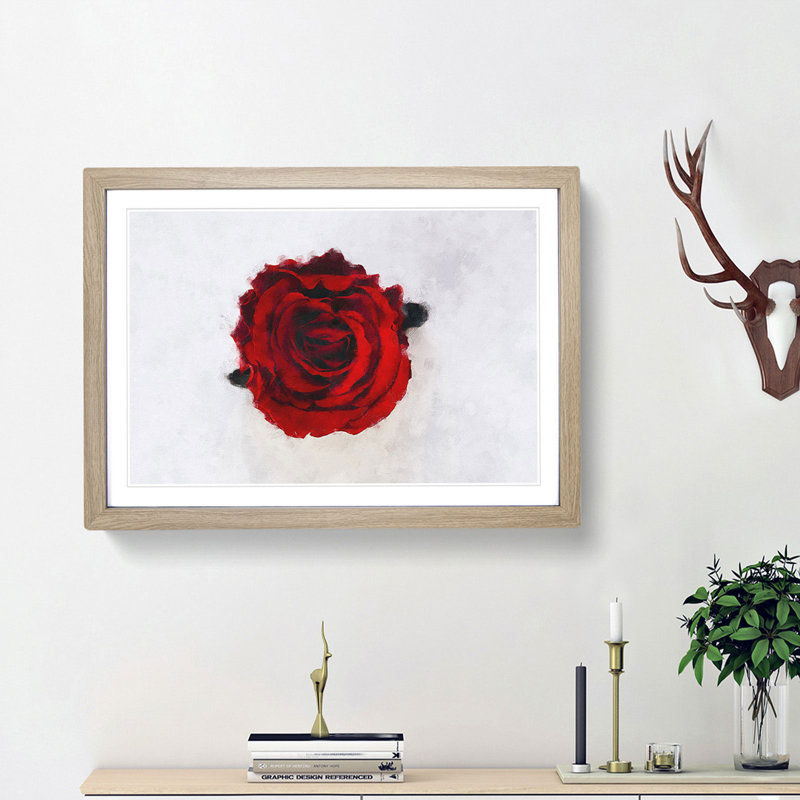 Red Rose in Bloom - Framed Print, 24cm H x 33cm W x 2cm D, Oak Framed