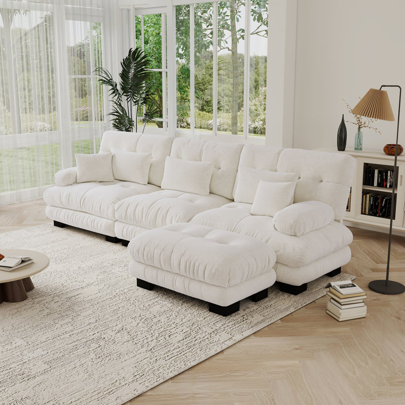 Cloud Couch L Shape Sofa For Living Room Set, Chenille Fabric, Beige Chenille
