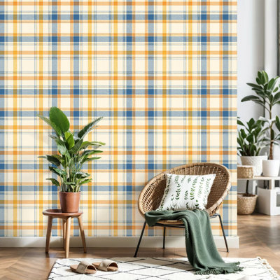 Papier peint auto-adhésif à carreaux rustiques à carreaux bleus, jaunes et beiges, adhésif mural amovible pour armoires de cuisine de chambre à coucher 17,7 po x 118 po