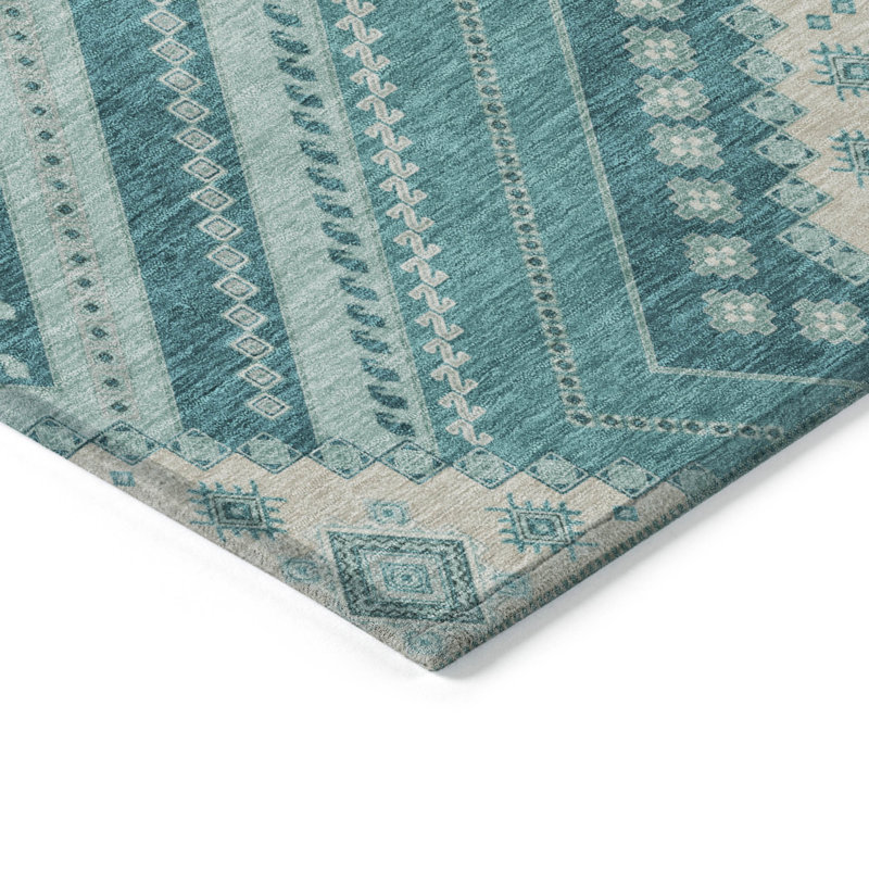 Teal Round Synthetic Flat Woven Washable Rug, 8'