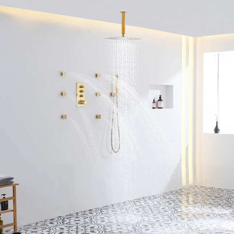 3-Functions 12" Ceiling-Mounted Thermostatic Shower System, Brushed Gold