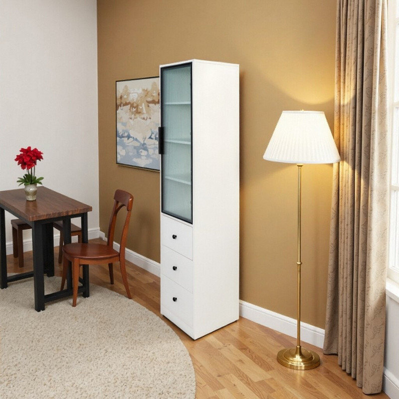 Armoire de rangement avec portes en verre et 3 tiroirs, organisateur vertical avec cadre noir