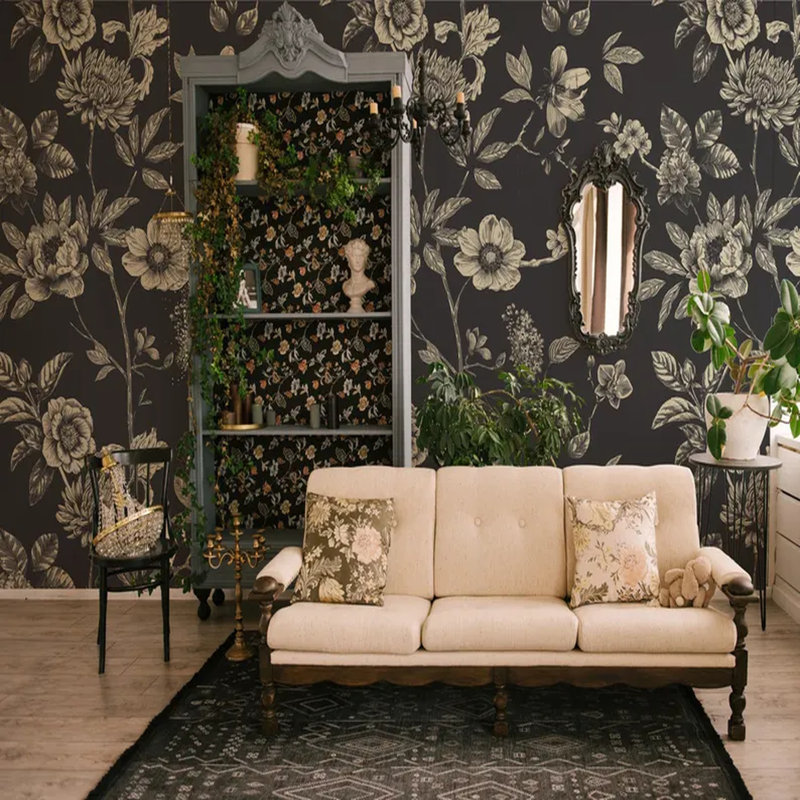 Nocturne Botanica - Floral rétro sur, L 108 po x l 96 po