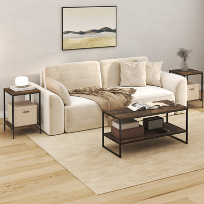 Furinno SIMPLISTIC Coffee Table and End Table Set of 3, Modern Metal Frame 2-Tier Coffee Table & 2 Square Side Tables, Night Stands Set, for Living Room, Bedroom, Home Office, Amber Pine