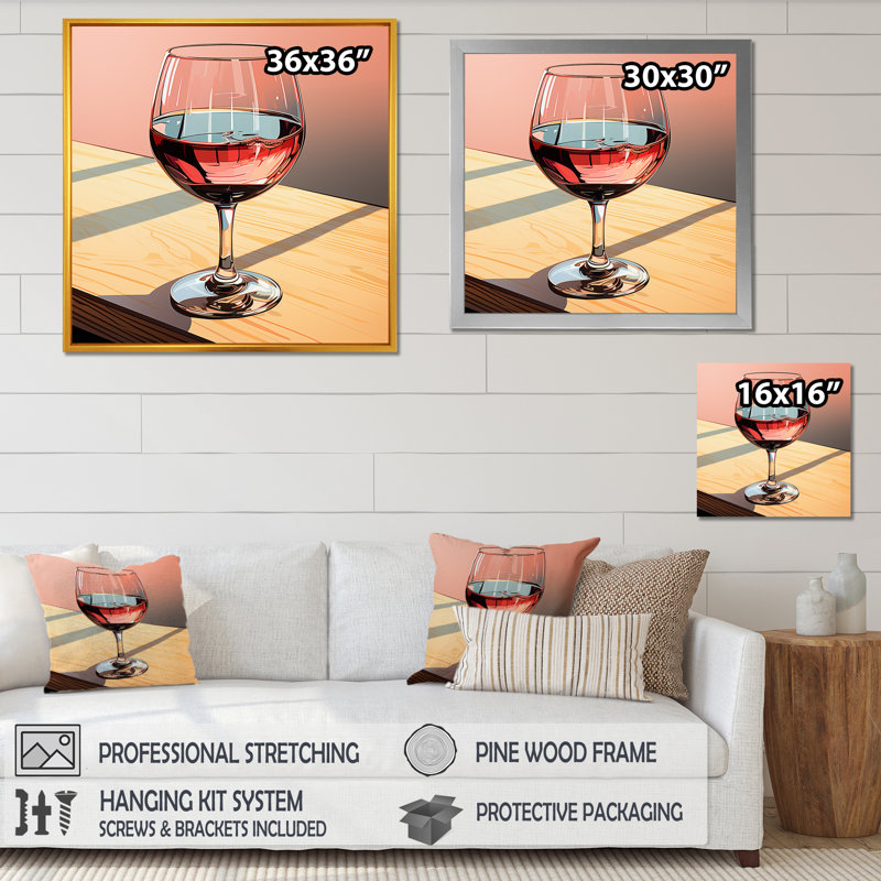 «Pink Crisp Elegance Of Wine Glass III» - art mural vin, Cadre simple noir, H 16 po x l 16 po x P 1 po