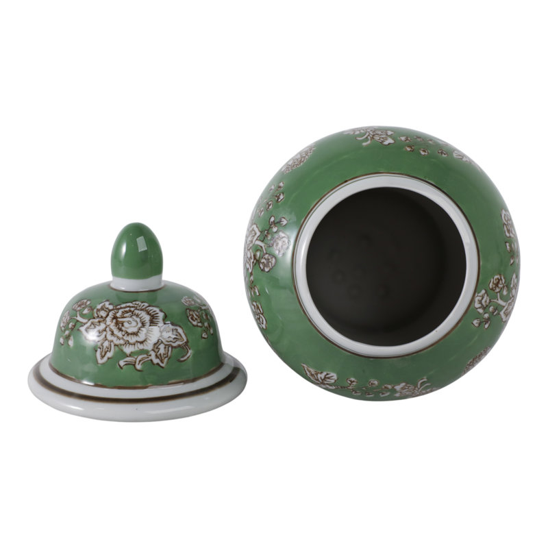 Decorative Bird And Flower Temple Jar With Lid -  Tall Home Decor Accent For Coffee Table - Versatile Jar Or Vase For Office Desk - Green & White