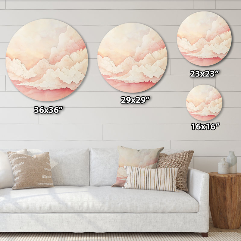 «Pink Watercolor Clouds - Landscape», art mural rond en métal, L 29 po x H 29 po