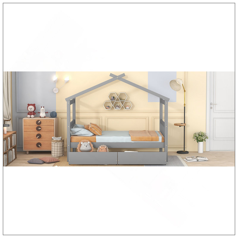 Lit en bois avec tiroirs, gris