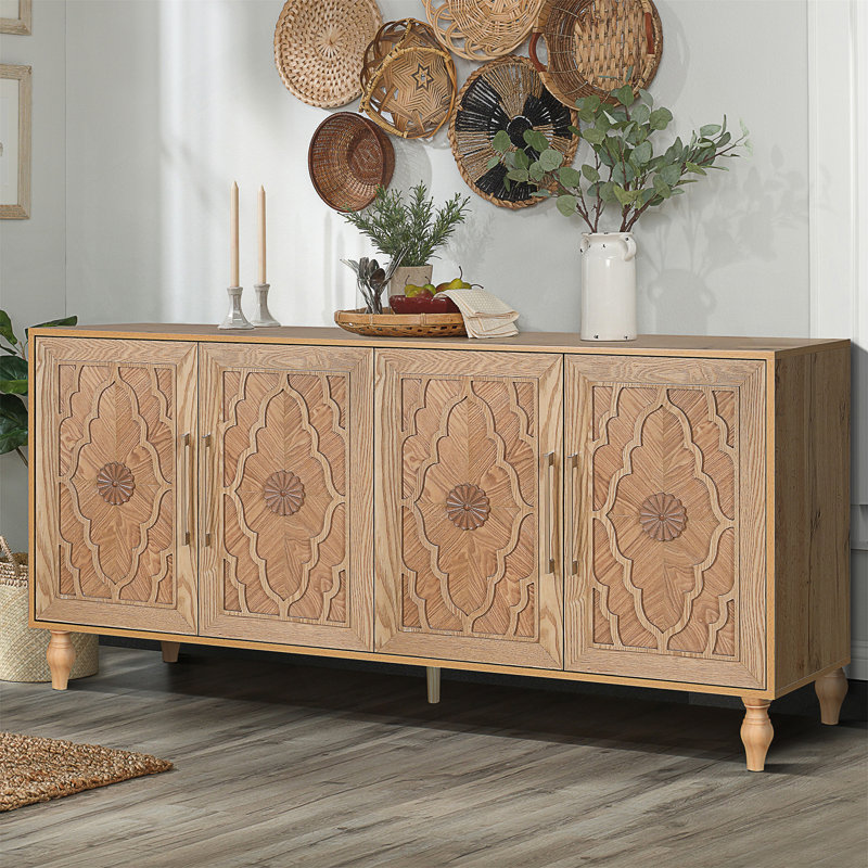 Wood Storage Cabinet with Carved Door and Metal Handle, Versatile and Stylish for Home Decor, Natural
