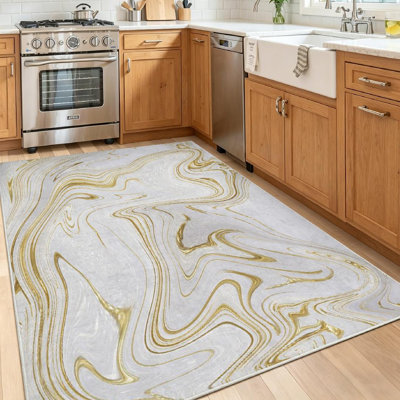 Gold Machine Washable,White and Marble Marbling Abstract Indoor Area Rug