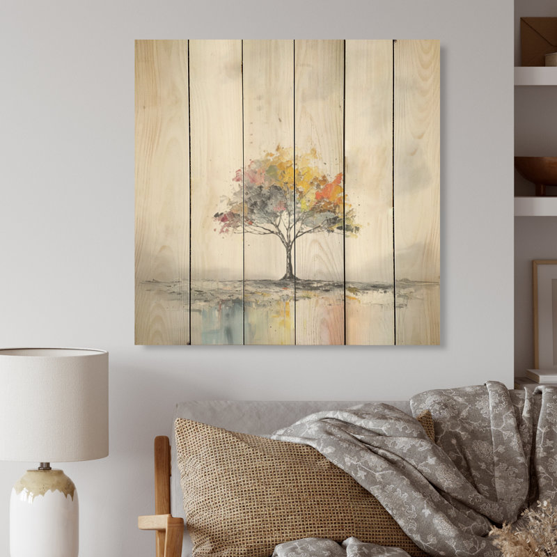 Minimalisme, arc-en-ciel, arbre de répit I - art mural minimaliste sur bois de pin naturel, H 25 po x l 25 po