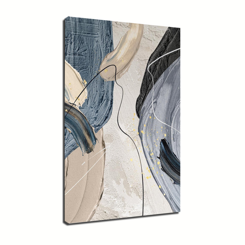 Tableau sur toile abstrait bleu beige et feuille d'or, texture épaisse, décoration murale, 24 po x 36 po