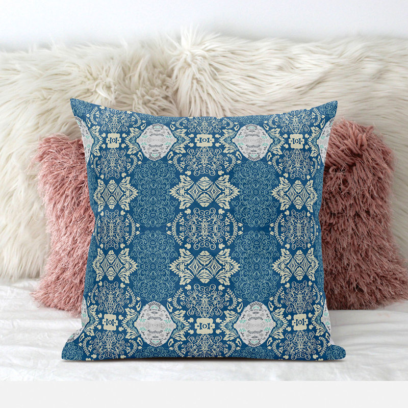 Off-White and Blue Geometric Reversible Square Pillow