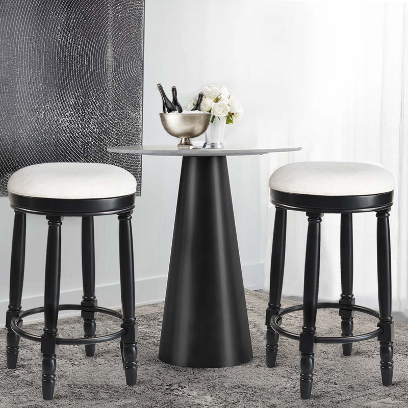 26" Counter Height 360° Swivel Wooden Upholstered Bar Stools For Kitchen, Dining, And Living Room(Set Of 2), White, Black