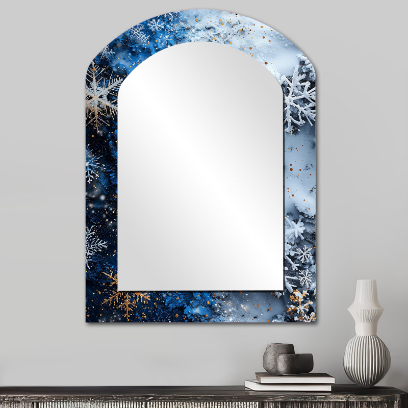 Bleu doré, flocon de neige de Noël beauté I - miroir asymétrique de Noël, miroir mural décoratif arche bleue, impression d'art en métal