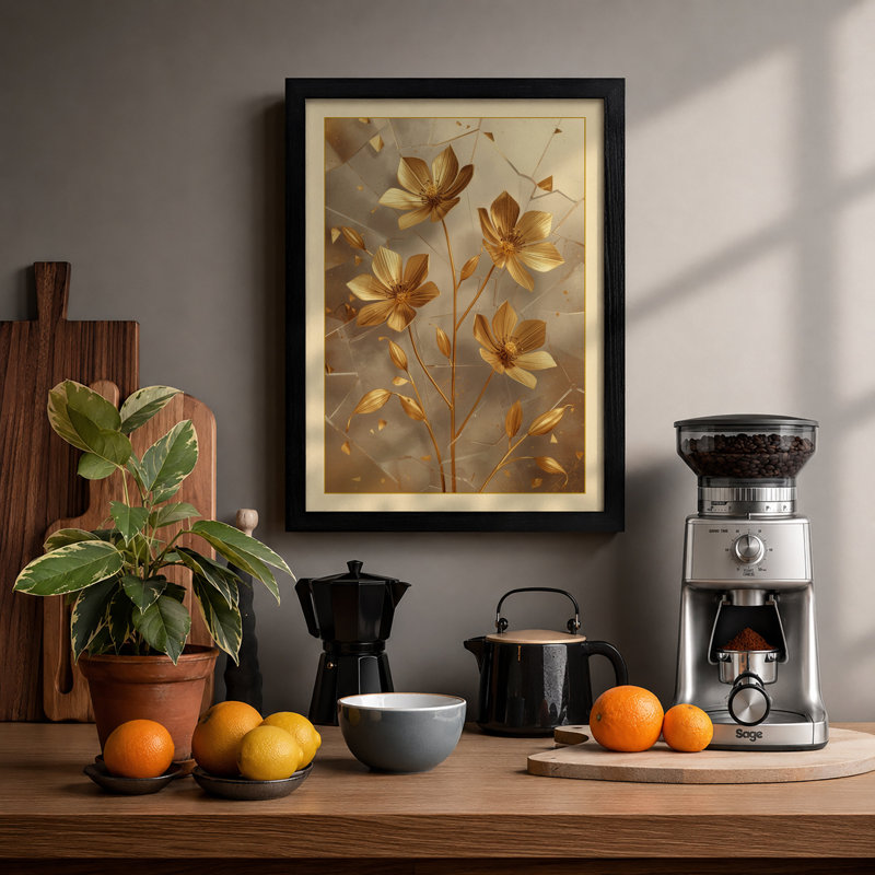 Golden Starflowers Botanical - Framed Print, A1 - 84.1 x 59.4 cm, Black