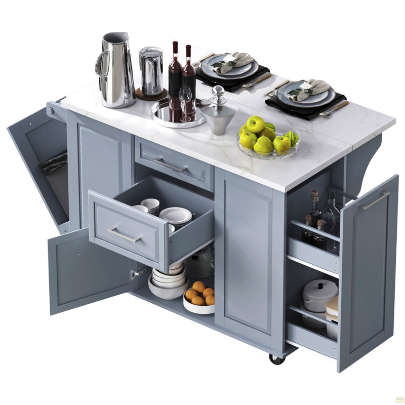 50.7" Kitchen Island with Storage Tilt Trash Can Cabinet and Pull Out Cabinet Organizer, Rolling Kitchen Island on 5 Wheels with Drop Leaf, 2 Drawers, 1Door for Kitchen, Dining Room