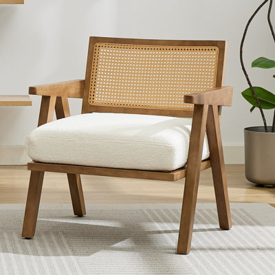 Mid Century Modern Accent Chair, Rattan Back Armchair with Thick Cushion & Sturdy Wood Legs, Comfy Lounge Chair for Living Room Bedroom, Easy Assembly, Beige, Teddy Fleece