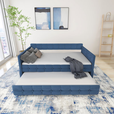 Blue Velvet Twin Daybed With Trundle – Upholstered Frame, Space-saving Design, No Box Spring Required by Mercer41