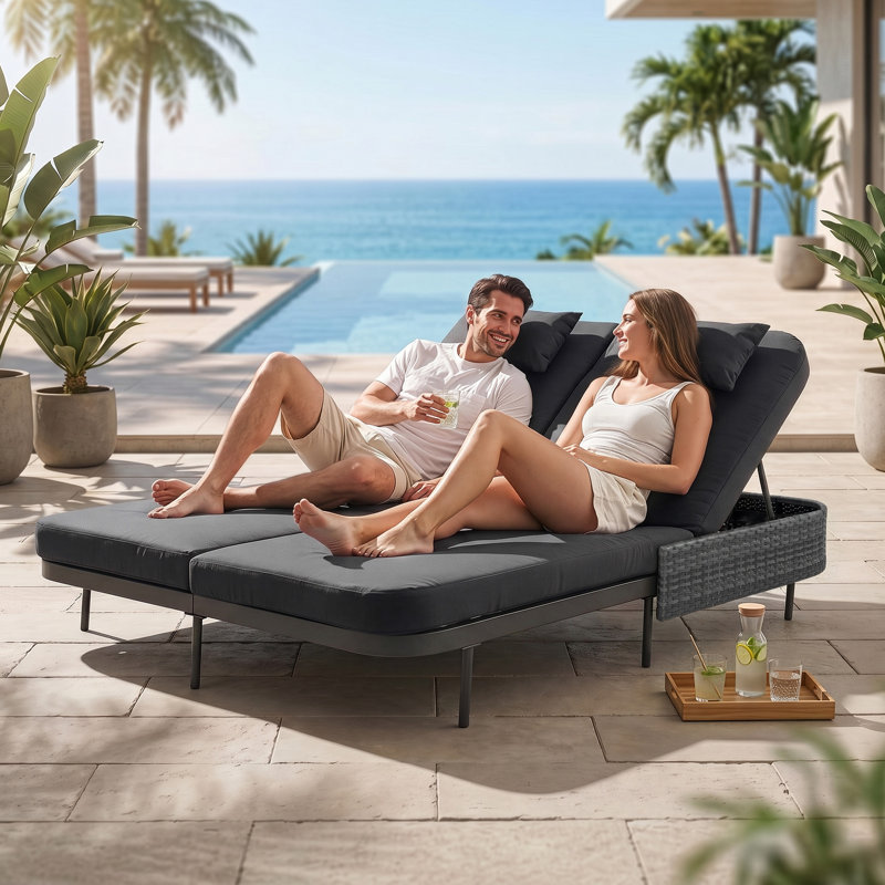 Outdoor Wicker Double Chaise Lounge Poolside Daybed for 2, Patio Sun Lounger with Cushions and 6-Position Adjustable Backrests
