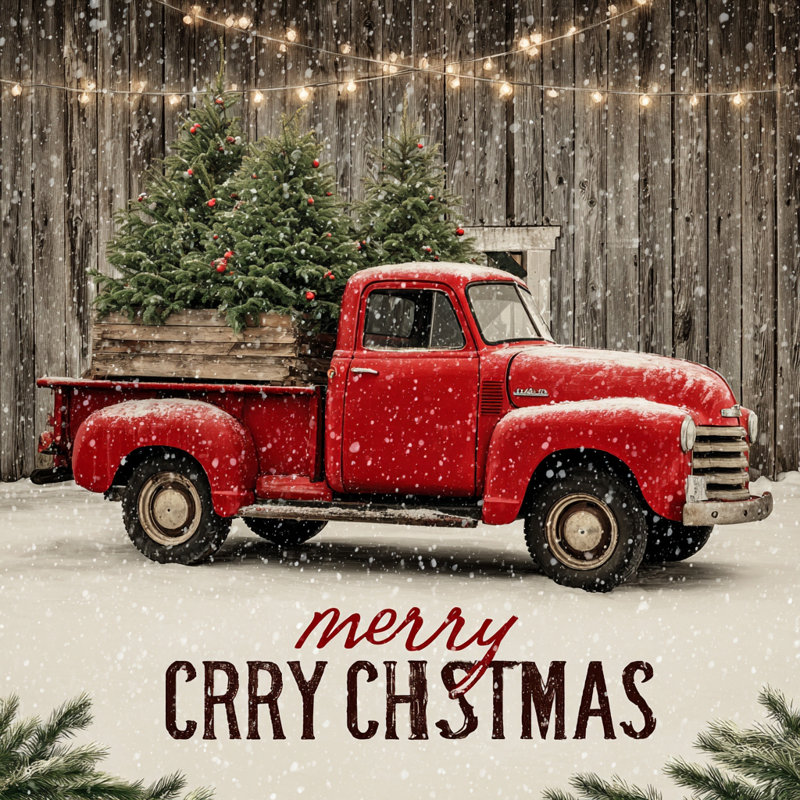 Rustic Christmas Barn Truck Wrapped Canvas Wall Art, 12" H x 12" W