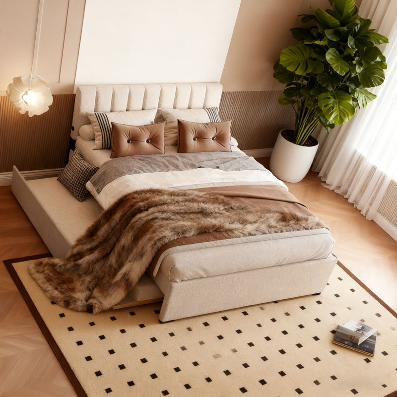 Lit plateforme tapissier Teddy, Beige, Double