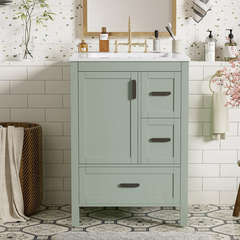 Meuble-lavabo de salle de bain avec lavabo en céramique, porte à fermeture douce et 3 tiroirs, Vert