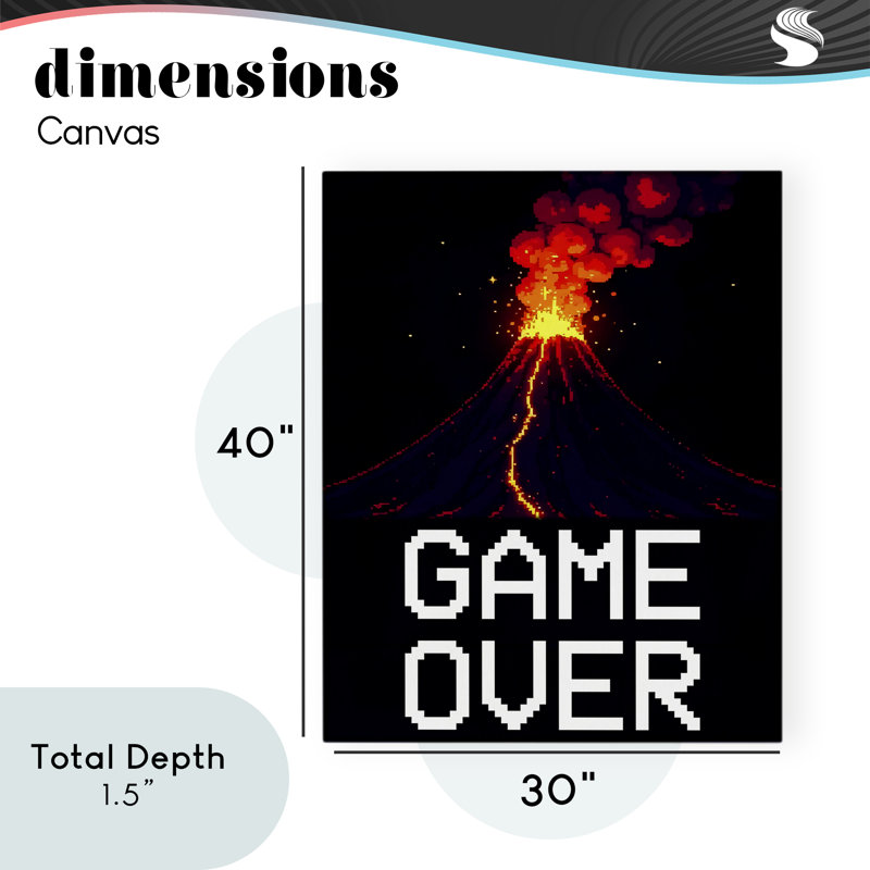 Pixel Volcano Game Over Canvas, design par Kim Allen, H 40 po x l 30 po