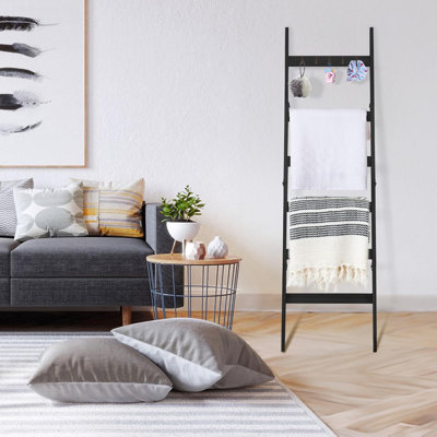 6-Tier Blanket Ladder For Living Room And Bedroom Wall Leaning Quilt Rack With Hooks,Rustic Decorative Farmhouse Blanket Storage,Stylish Ladder Holder