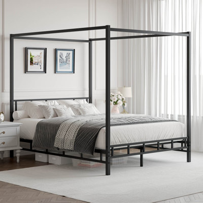 Structure de lit à baldaquin double avec tête et pied de lit, plateforme de sommier avec support à lattes en métal, aucun sommier requis, assemblage facile