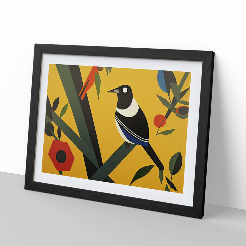 Magpie Bird Abstract - Single Picture Frame Print, Black, 46cm H x 64cm W x 2cm D