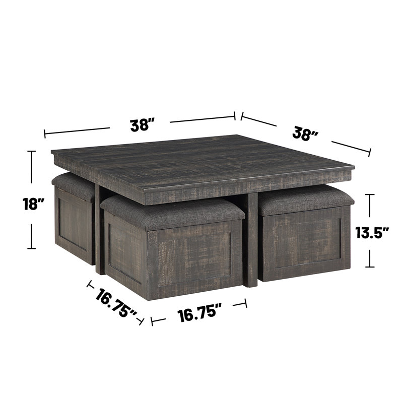 Square Coffee Table With 4 Storage Stools In Rustic, Grey Oak
