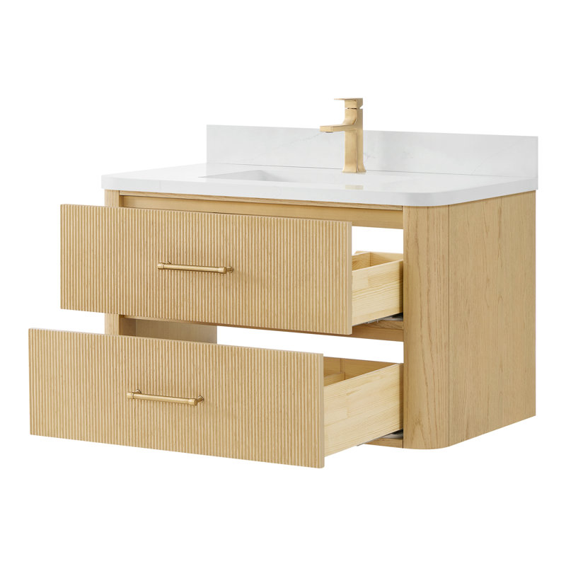 Meuble-lavabo mural simple en chêne scandinave de 36 po Francesca, Beige, Bronze, Quartz Giotto