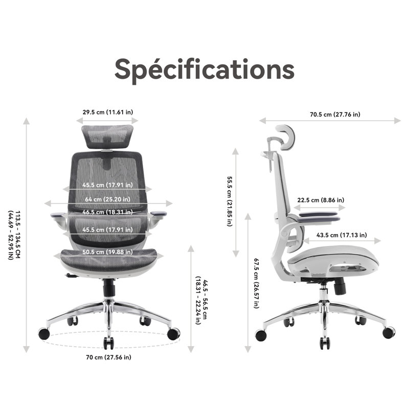 Mesh Office Chair, with Adjustable 3D Folding armrests, Dual-back Design, Grey, White