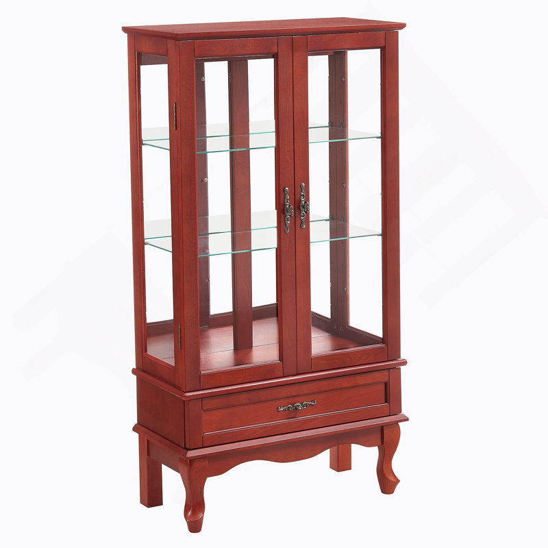 Vitrine lumineuse en verre avec tablettes réglables, deux portes et un tiroir pour une décoration polyvalente et un rangement efficace