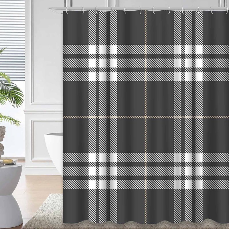 Rideau de douche à motif abstrait tartan gris avec 12 crochets, L 72 po x l 84 po