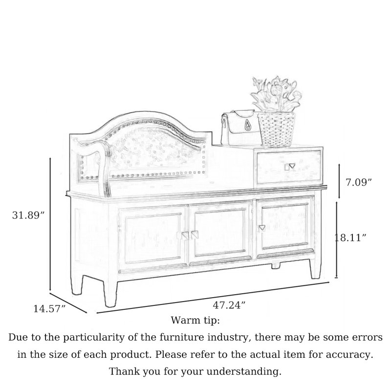 Traditional Solid Wood Shoe Storage Bench With Nailhead Trim Backrest