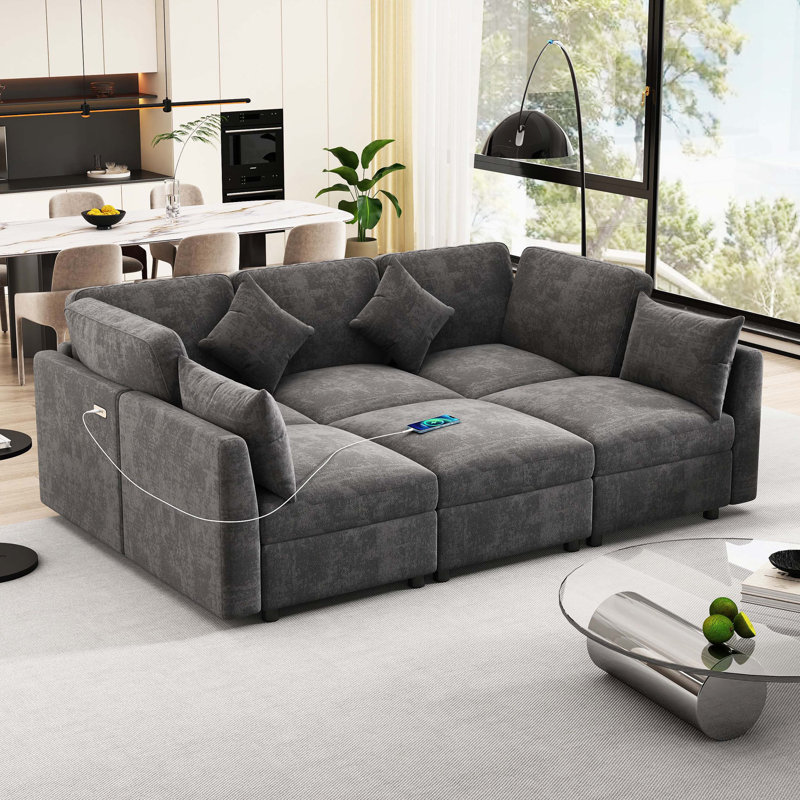 Canapé modulaire multi-formes en U et en L avec repose-pieds mobile et deux ports de chargement USB pour le salon, Black