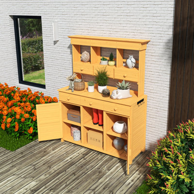 Table de jardin avec banc, pot de rangement pour patio avec 3 tablettes, 6 tiroirs, 2 armoires de fond et crochets latéraux, naturel