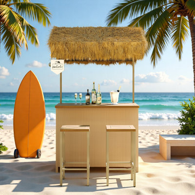Outdoor Bar Table And Stools With Pe Grass Canopy, Adjustable Feet, Acacia Wood Top And Storage Space