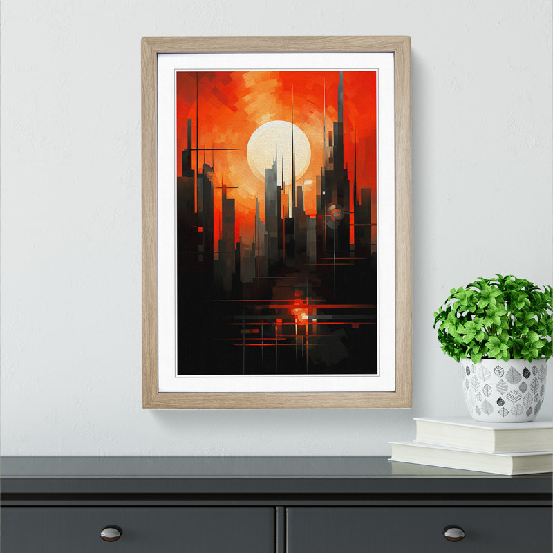 Sunset Constructivism No.2 - Single Picture Frame Print on Wood, 64cm H x 46cm W x 2cm D, Oak