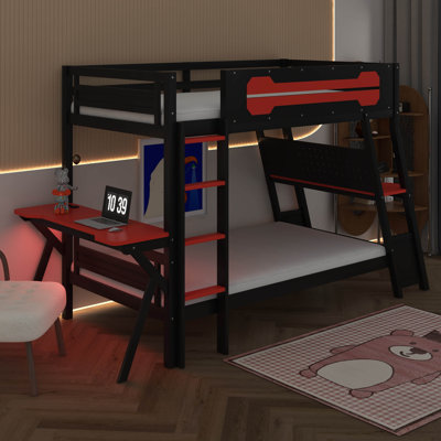 Lit superposé simple avec 2 bureaux intégrés, ports USB pour bureau et panneau perforé, cadre en bois pour 2 enfants, adolescents, adultes