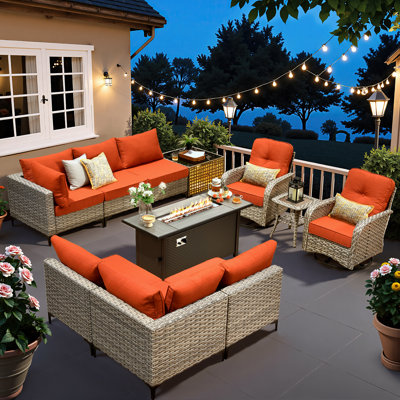 Sorella 11-Piece PE Wicker Outdoor Patio Furniture Set with 54" Propane Fire Pit Table & Solar-Powered Lighting